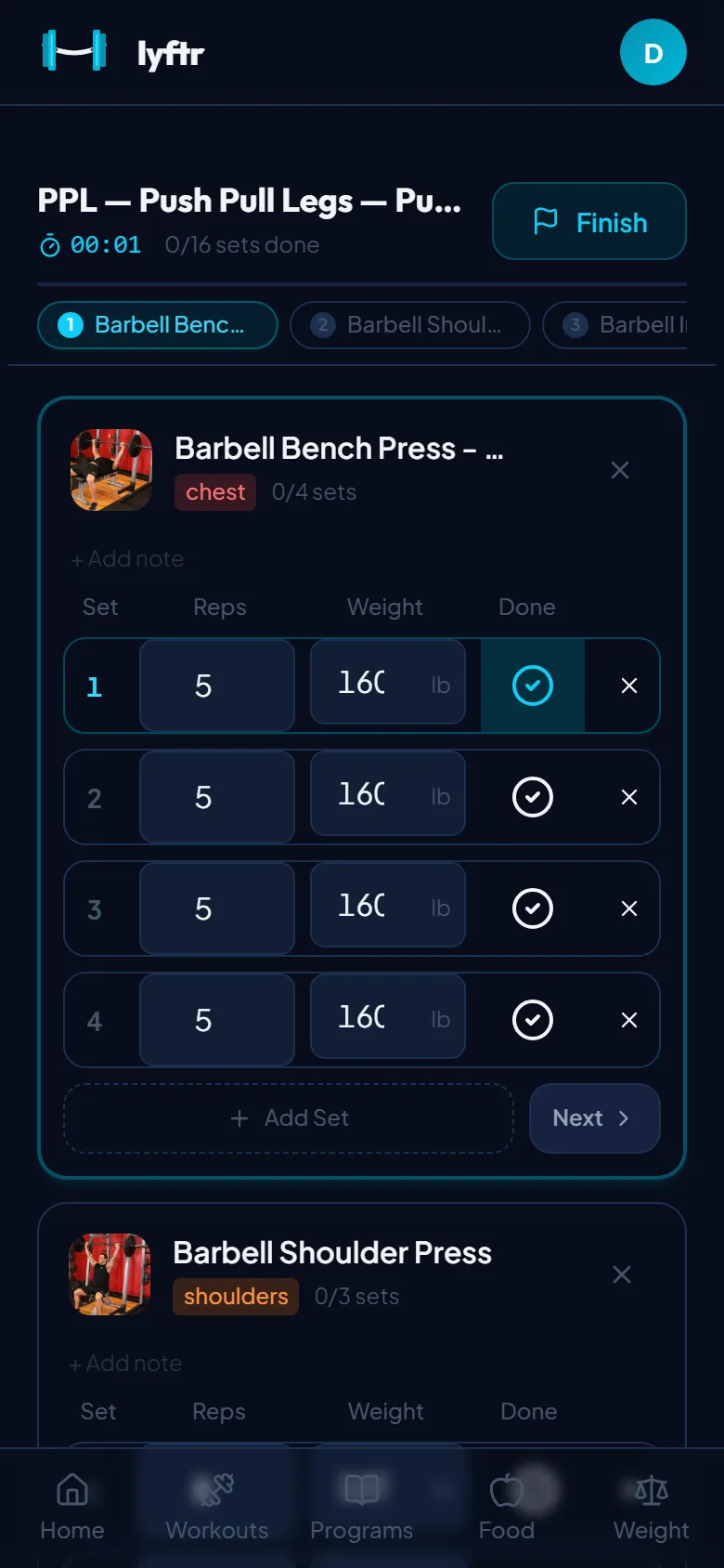 Active workout screen