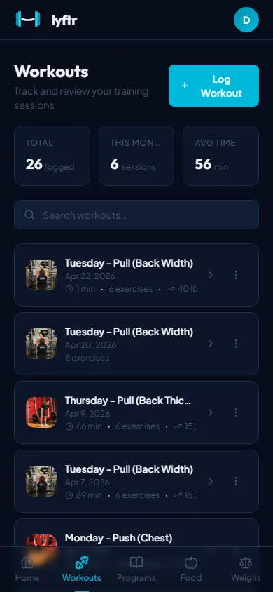 Workouts screen
