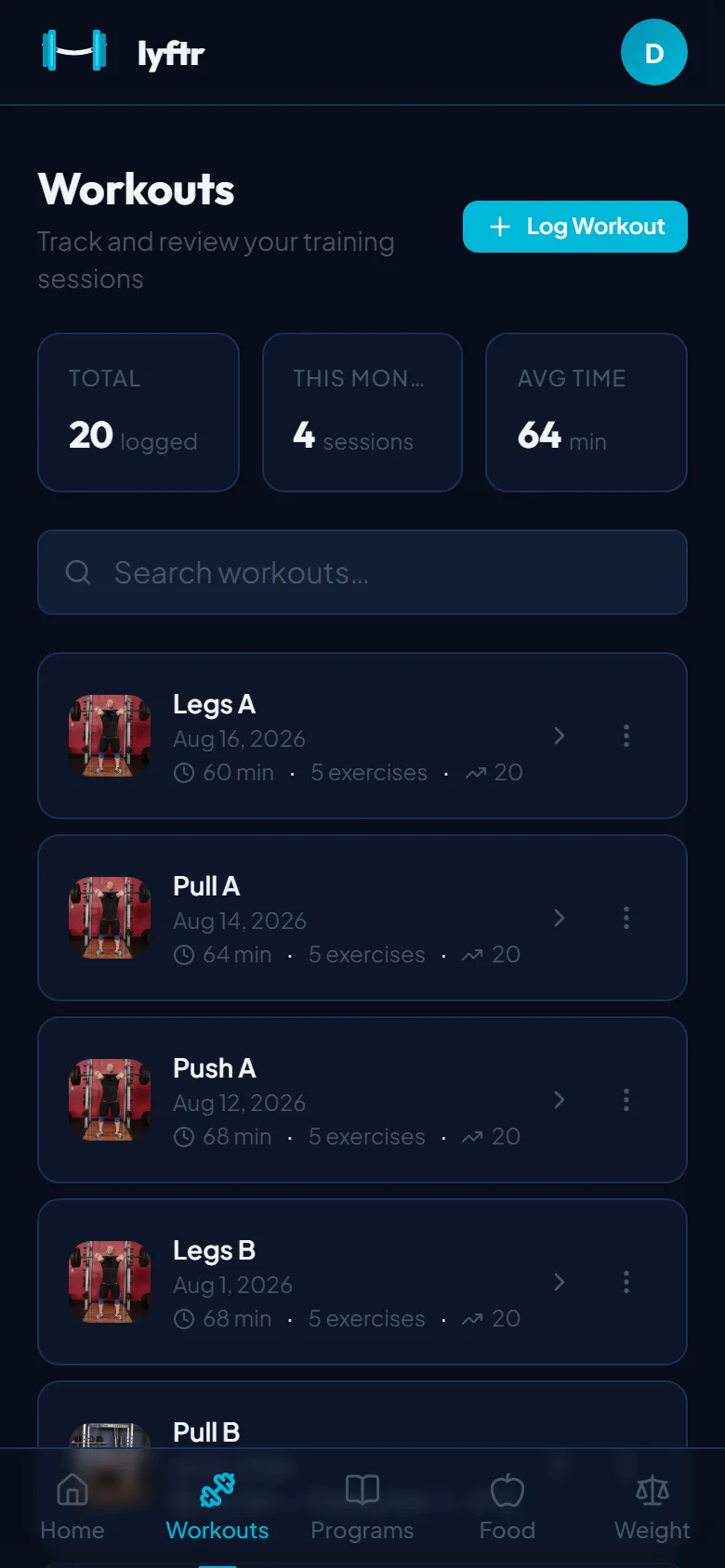 Workouts screen